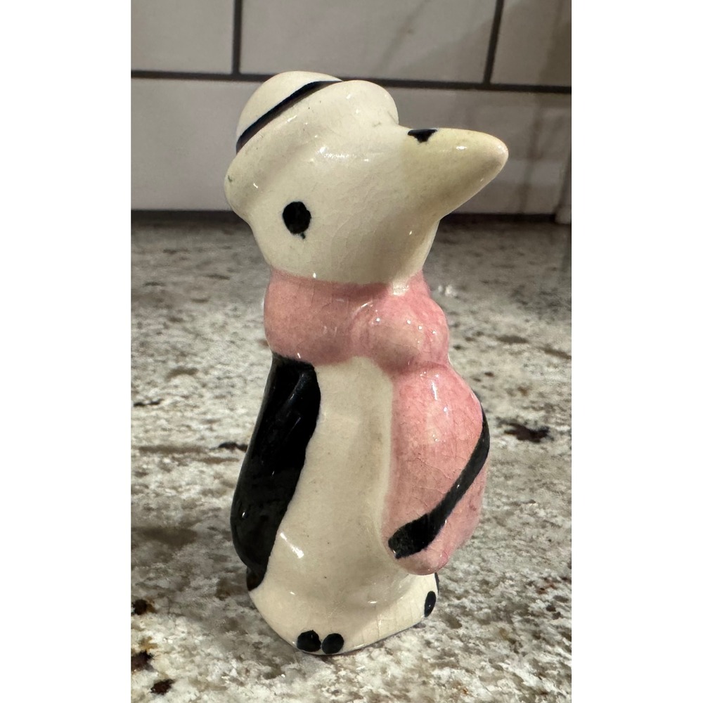 Vintage Ceramic Penguin Figurine Pink Scarf Hat Mid Century Kitsch 3.5 inch